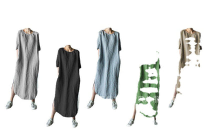 Round Neck Half Sleeve Solid Color Side Slit Mid Calf Cotton Linen Dress For Women