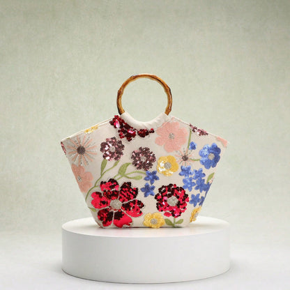 Elegant Floral Sequin Tote Bag With Bamboo Handle