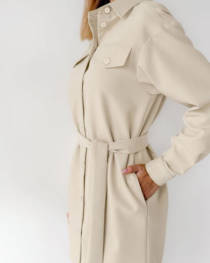 Belted Drop Shoulders Pockets Shirt Mini Dress