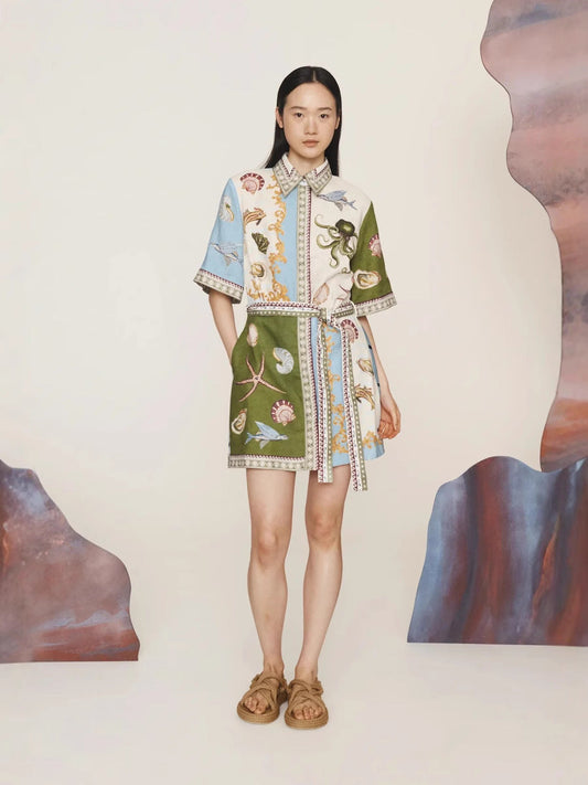 Casual Elegant Linen Shirt Dress with Animal Print