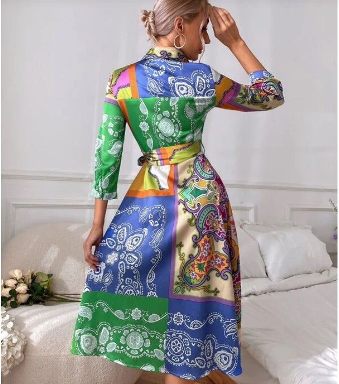 Women'S Lace-Up Print Polo Neck Midi Dress