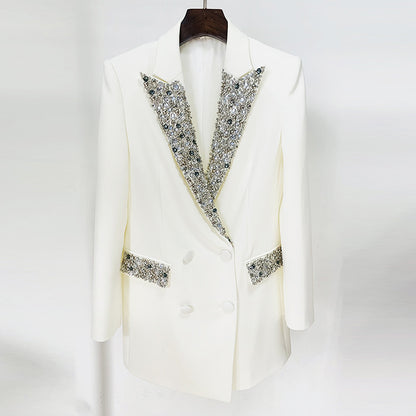 Elegant Tailored Long Blazer With Beaded Embellishments