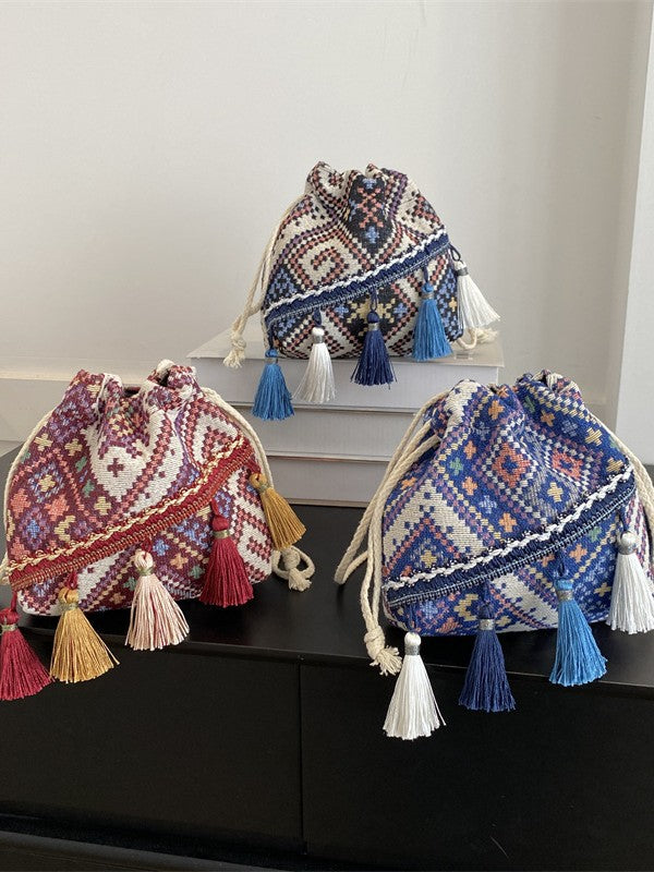 Trendy Bohemian Bucket Bag with Fringe - Canvas Shoulder Bag