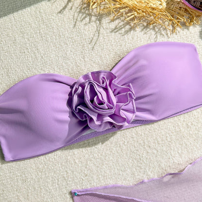 3-Piece Sexy 3D Floral Bandeau Bikini Set