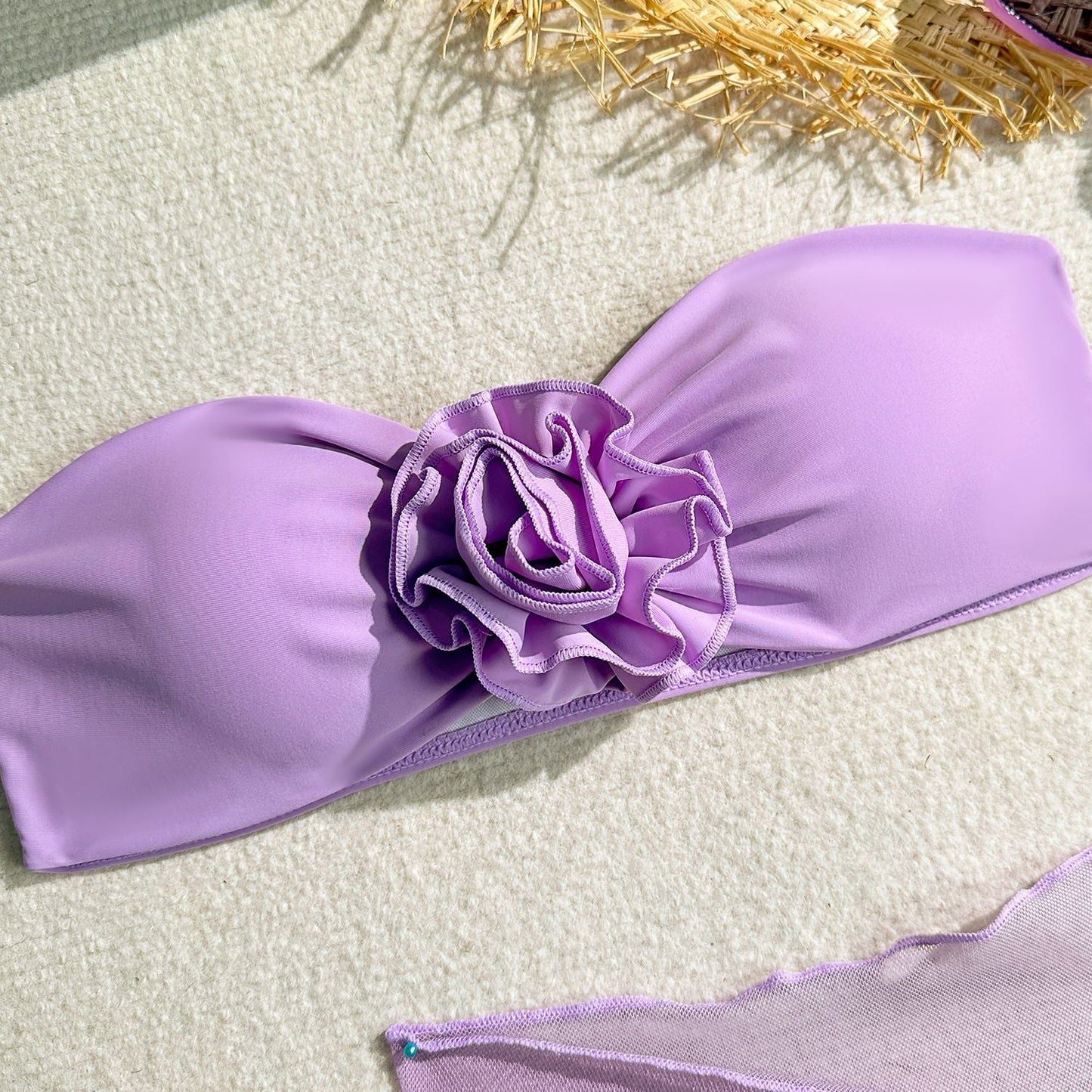 3-Piece Sexy 3D Floral Bandeau Bikini Set