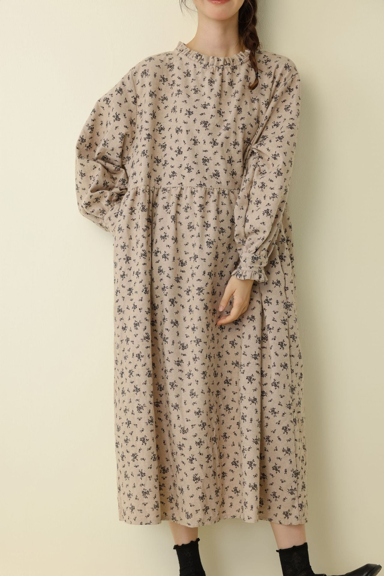 Floral Print Long Sleeve Cotton Dress Casual A-Line Dress