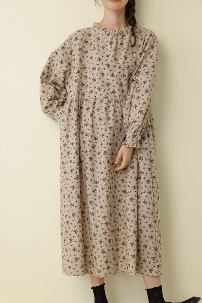 Floral Print Long Sleeve Cotton Dress Casual A-Line Dress