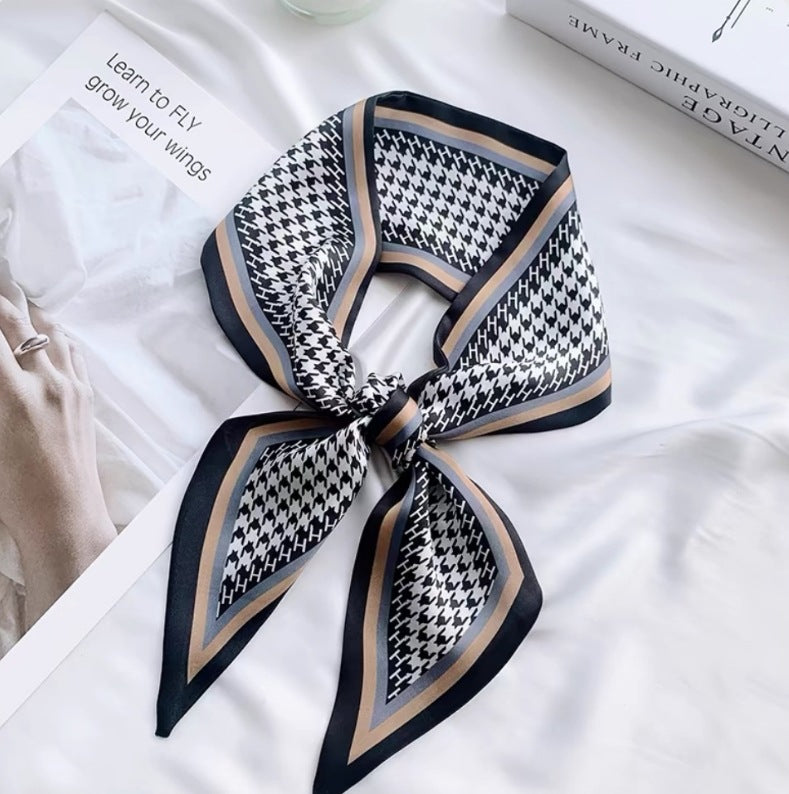 Vintage Houndstooth Long Satin Scarf