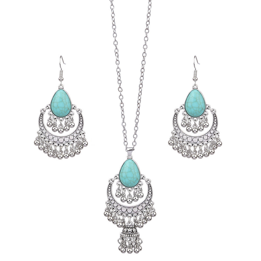 Bohemian Tassel Earrings and Necklace Set with Turquoise Accents