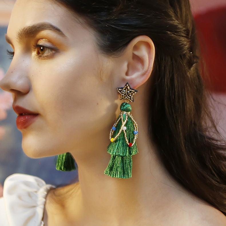 Ethnic Style Fringe Christmas Earrings, New Long Exaggerated Lightweight Rice Beads, Five-Pointed Star Hand-Woven Earrings