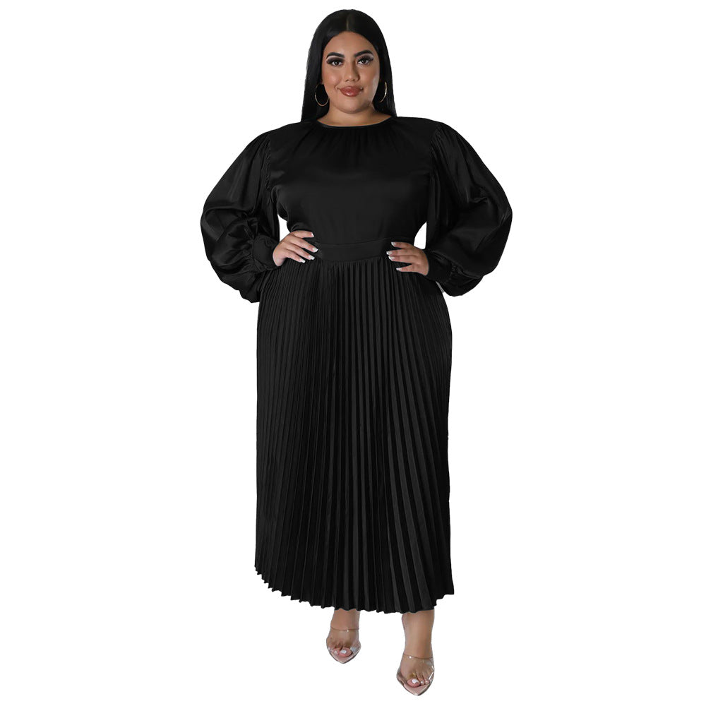 Elegant Lantern Sleeve Pleated Maxi Dress