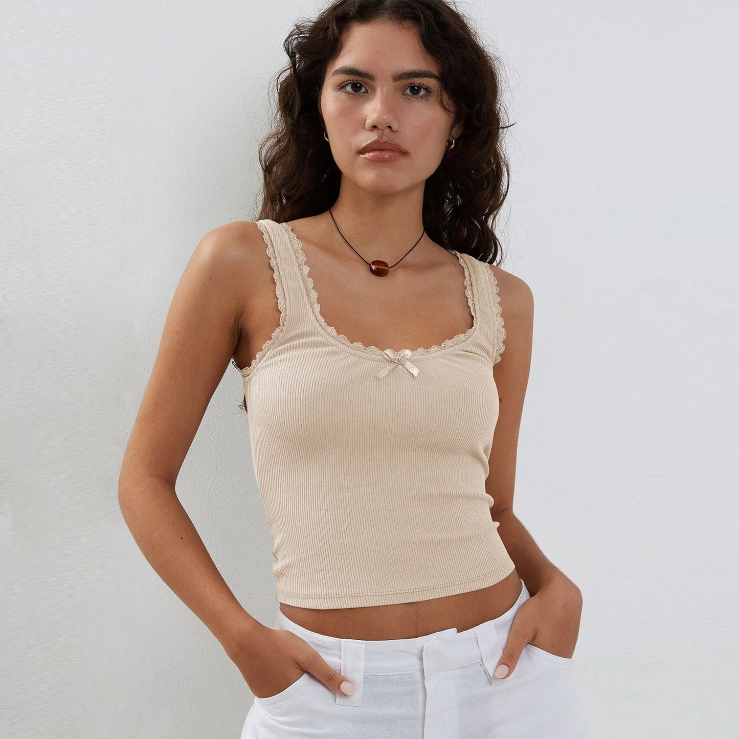 Stylish Lace Trim Knitted Crop Top