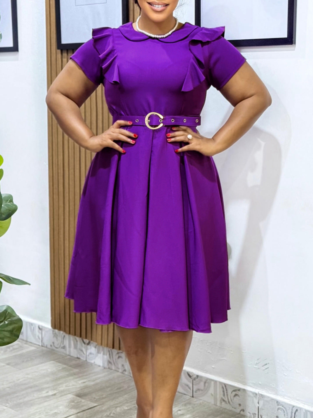 Elegant High Waist Ruffle Hem A-Line Dress With Peter Pan Collar