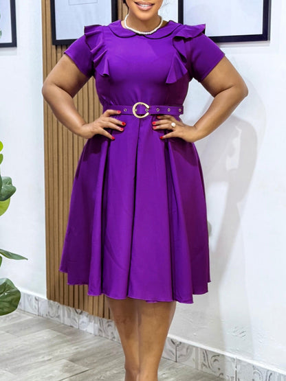 Elegant High Waist Ruffle Hem A-Line Dress With Peter Pan Collar