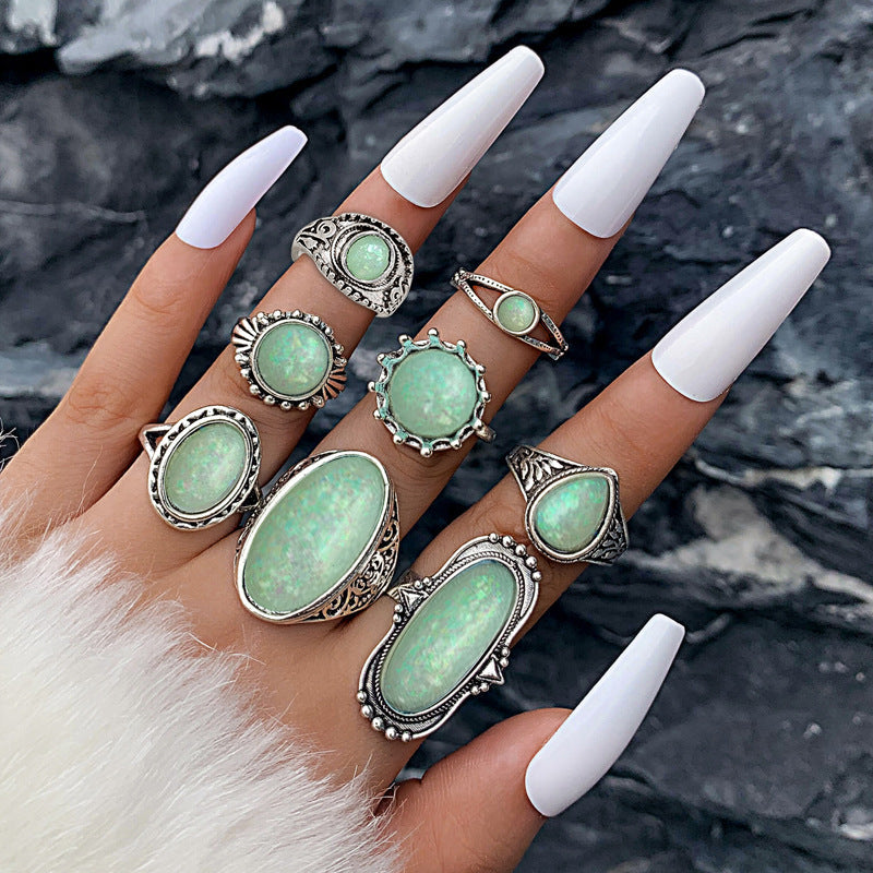 Bohemian Style Carved Feather Turquoise Ring Set