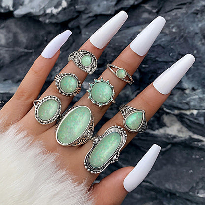 Bohemian Style Carved Feather Turquoise Ring Set
