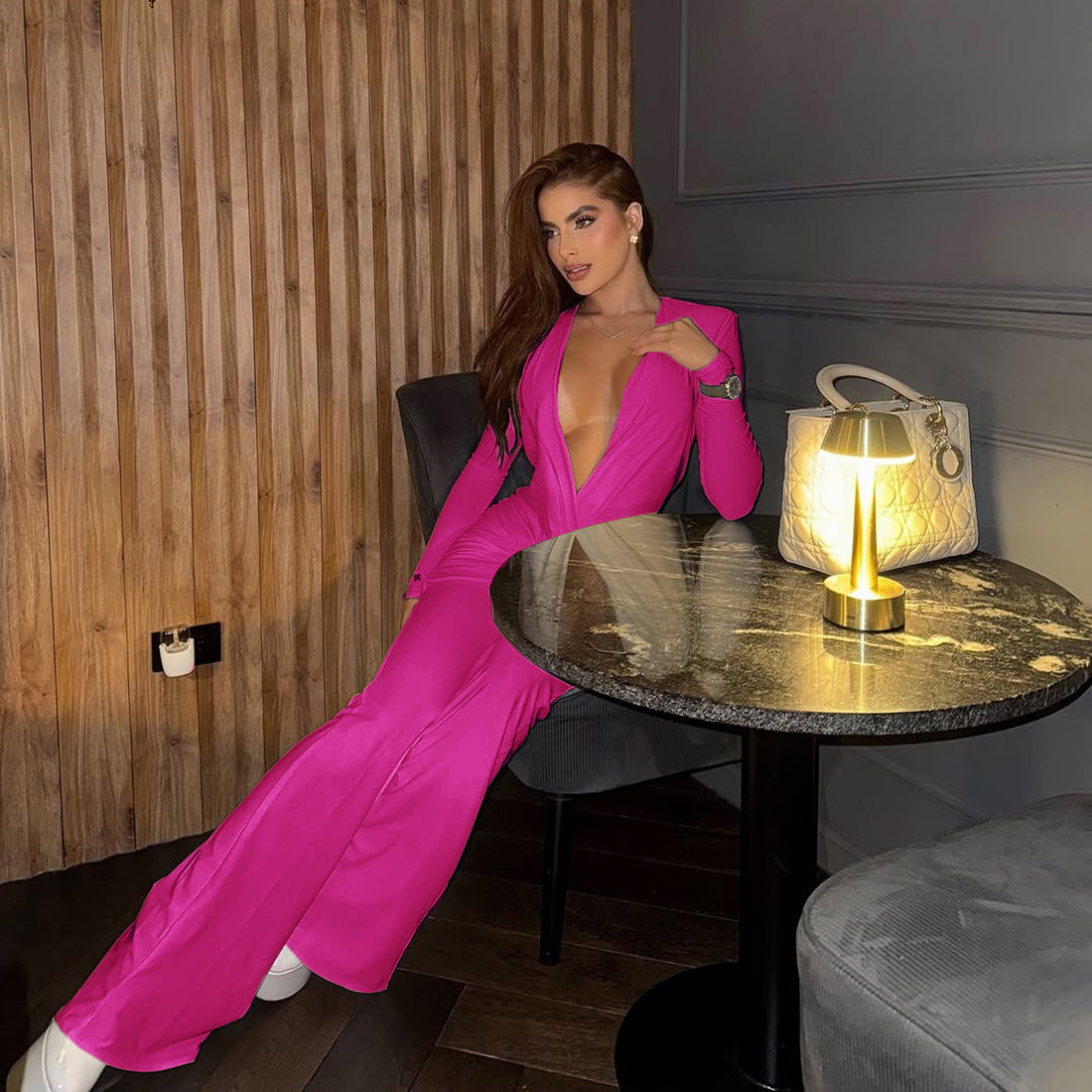 Elegant Slim-Fit Deep V Long Sleeve Jumpsuit