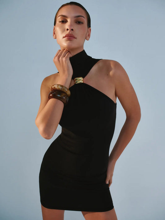 Metal Buckle Bodycon Dress Sleeveless High Waist Solid Color