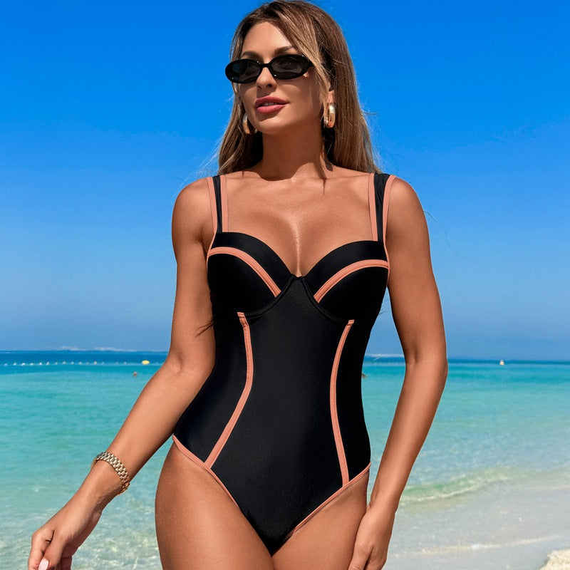 New Women'S High-Waisted Black And White Striped One-Piece Swimsuit
