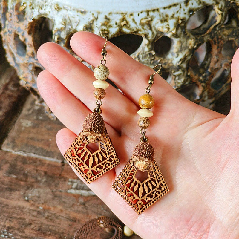 Geometric Bohemian Hollow Wood Earrings for Women