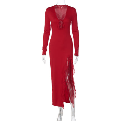Sexy U-Neck Side Slit Long Sleeve Bodycon Dress