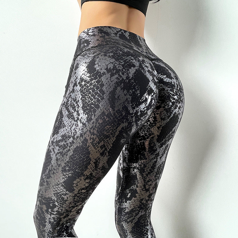 High Elastic Golden Snake Skin Peach Hip Fitness Pants High Waist Hip Lifting Quick Drying Sports Pants Tight Elastic Yoga Pants