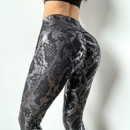High Elastic Golden Snake Skin Peach Hip Fitness Pants High Waist Hip Lifting Quick Drying Sports Pants Tight Elastic Yoga Pants