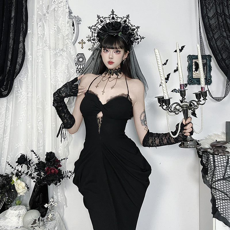 Black Lace Maxi Dress Sleeveless Gothic Style