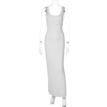 Solid Color Slim Fit Casual Long Dress with Zipper