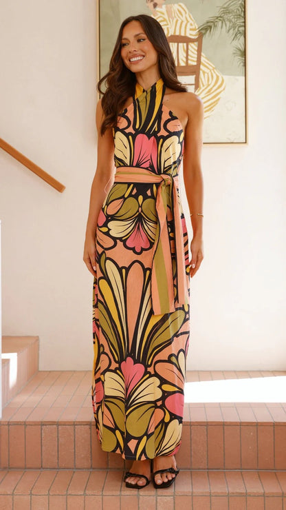 Linen Floral Maxi Dress with Halter Neck for Elegant Casual Style