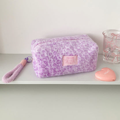 Cute Fuzzy Leopard Print Portable Makeup Bag