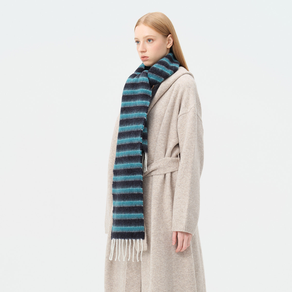 Colorful Striped Wool Blend Scarf With Fringe