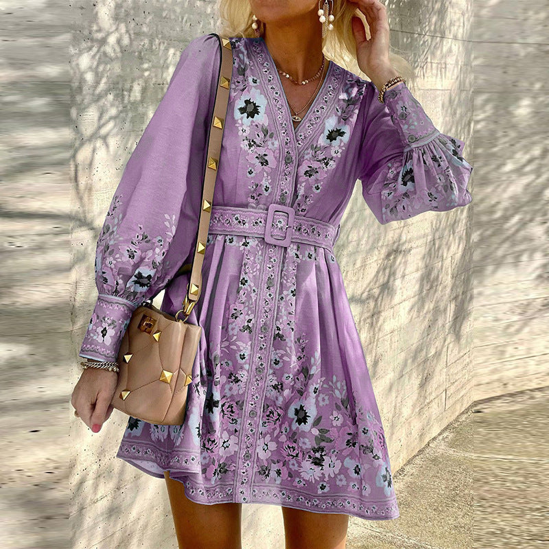 Women'S Long Sleeve V-Neck Loose Printed Boho Dress
