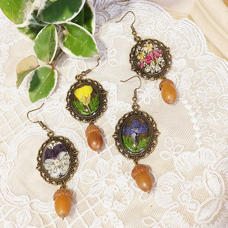 Creative Vintage Floral Earrings with Real Preserved Flowers