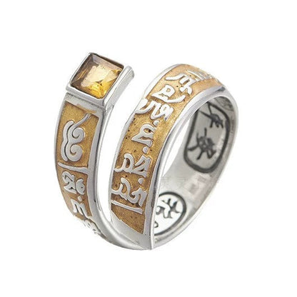 Six Characters Mantra Enamel Yellow God Of Wealth Imitation Sterling Silver Ring Men'S And Women'S Tibetan Retro Ethnic Style