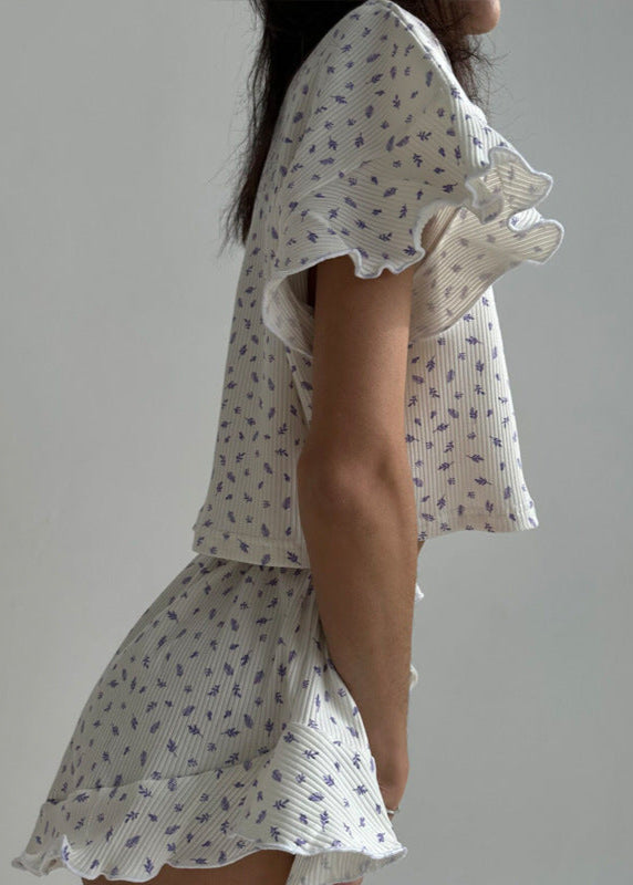 Ribbed Cotton Lounge Set With Ruffles