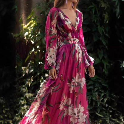 Fashion V-Neck Long Sleeve Maxi Dress With Floral Print