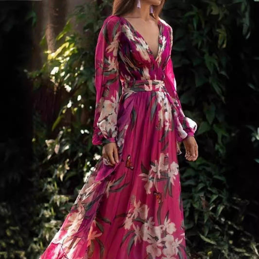 Fashion V-Neck Long Sleeve Maxi Dress With Floral Print