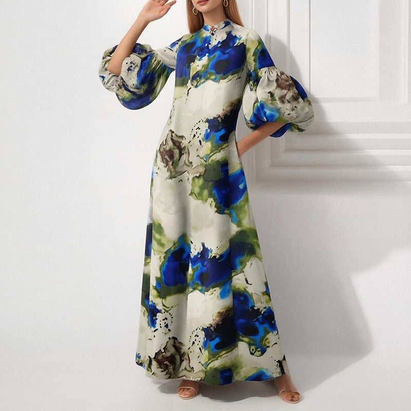 Elegant Floral Print Puff Sleeve Maxi Dress