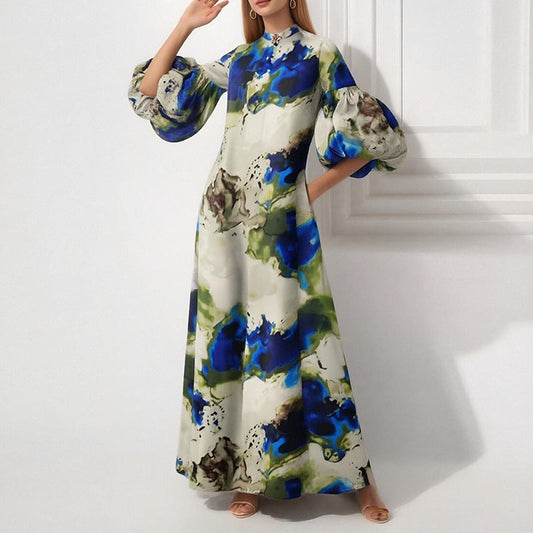 Elegant Floral Print Puff Sleeve Maxi Dress