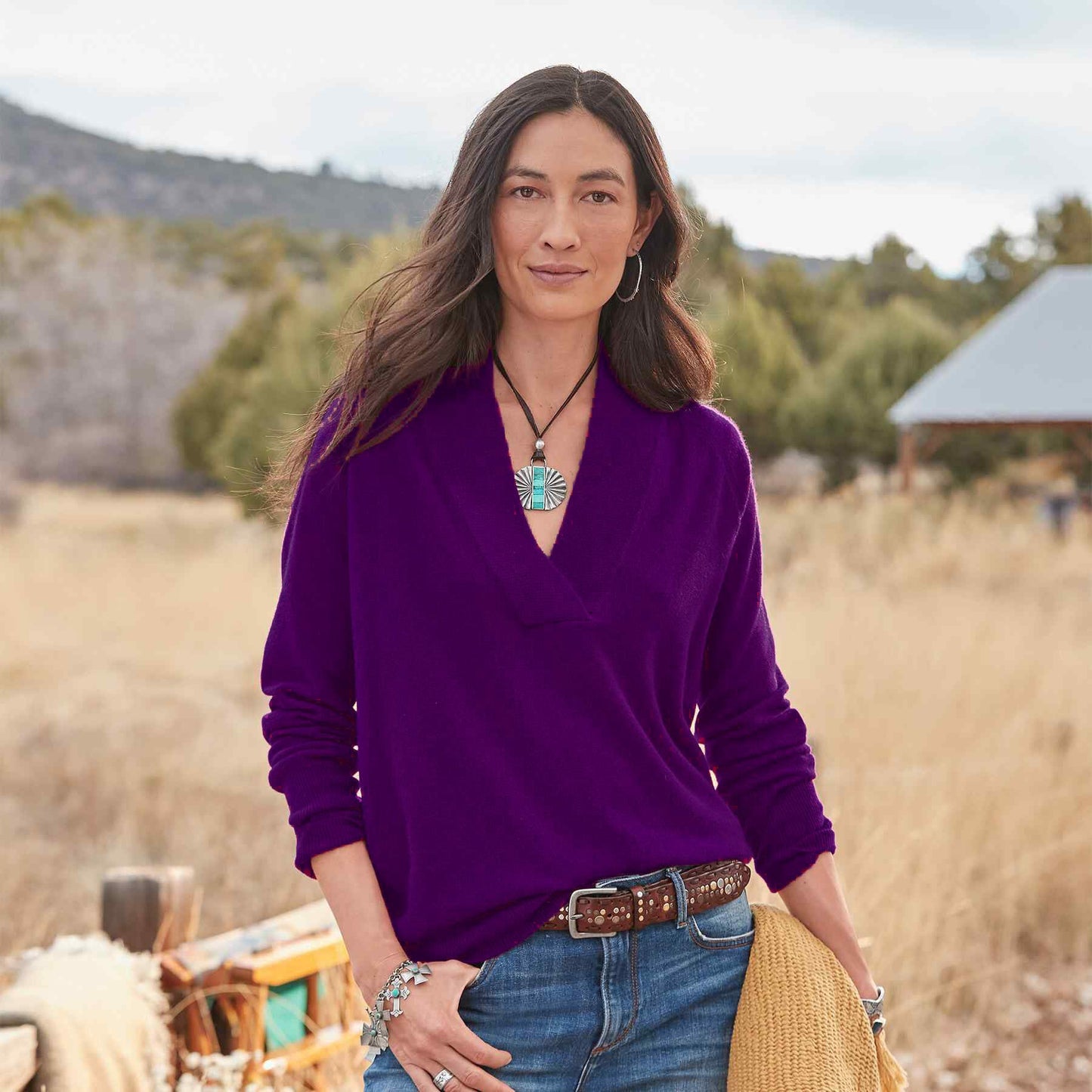 V-Neck Pullover Solid Color Loose Long-Sleeved Top