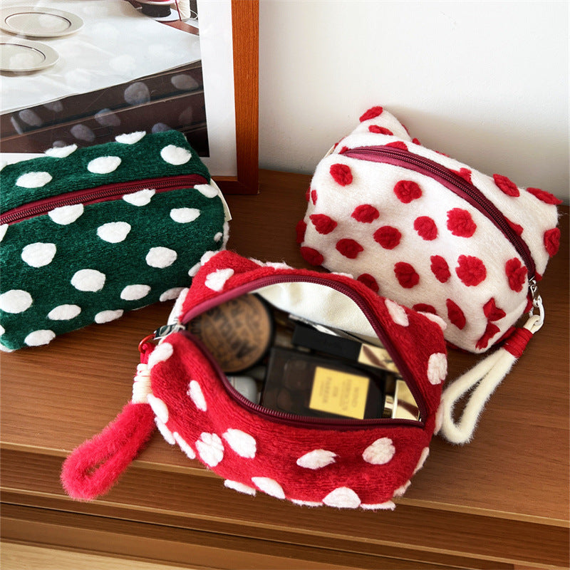 Plush Polka Dots Portable Cosmetic Bag