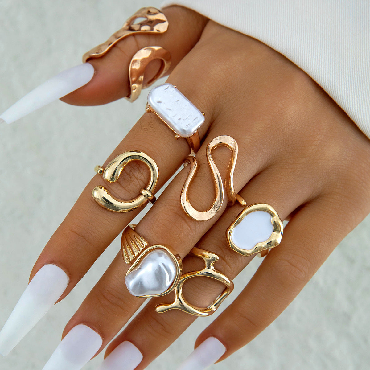 Stylish Geometric Pearl Ring Set Alloy Adjustable Fashion Ring