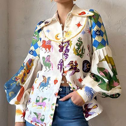 Elegant Lantern Sleeve Printed Blouse for Women
