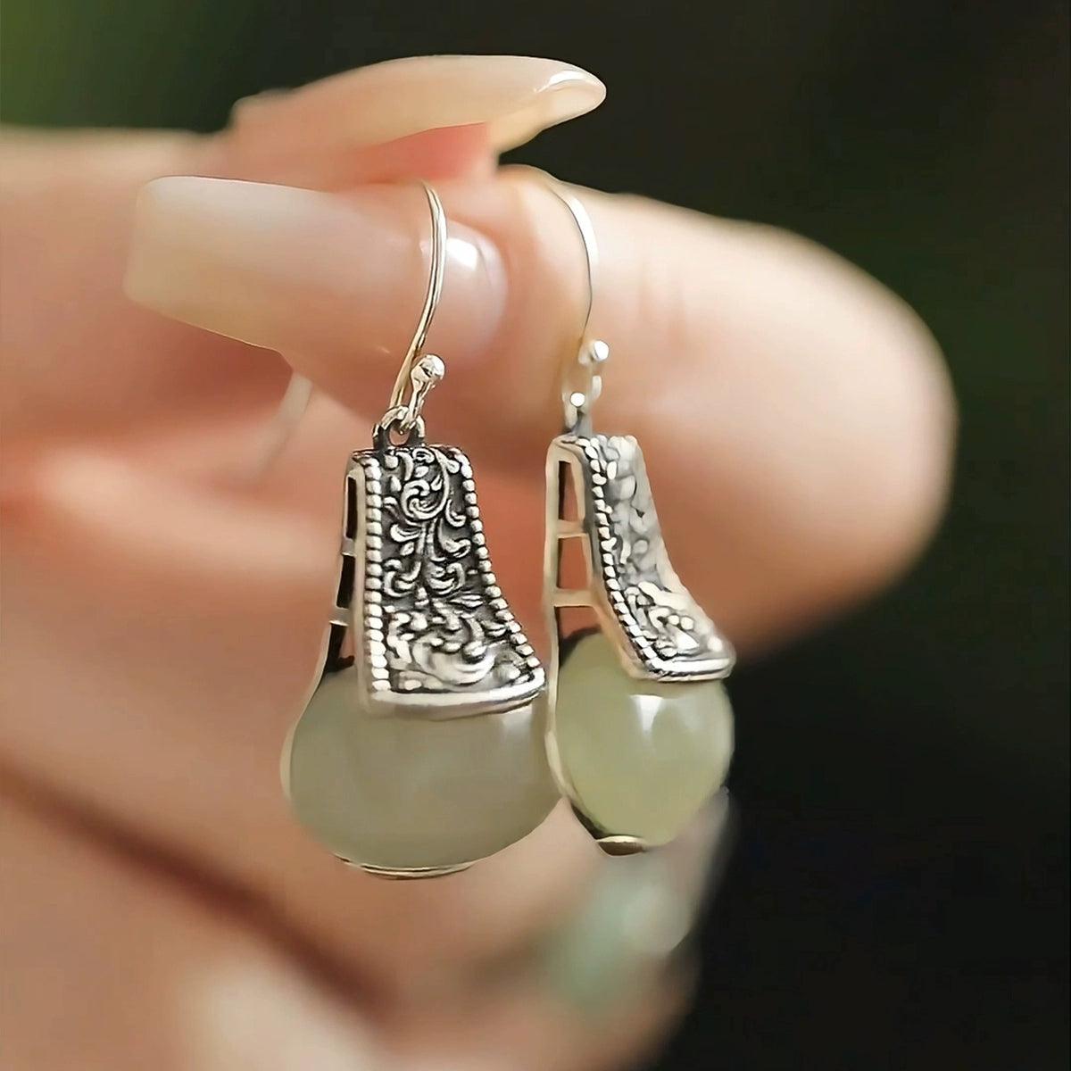 925 Silver Retro New Tibet Grass Pattern Jade Light Bulb Earrings, Ear Hooks, Ethnic Style Jewelry, Niche And High-End Sense