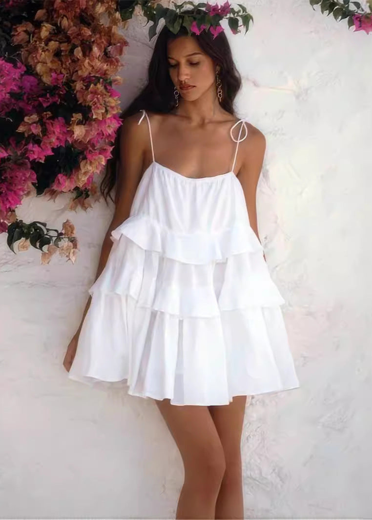 Ruffle Sundress Lightweight White Floral Design