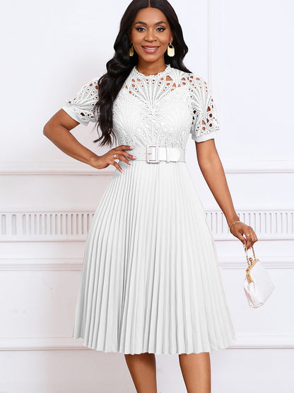 Elegant Lace Trim Short Sleeve A-Line Dress
