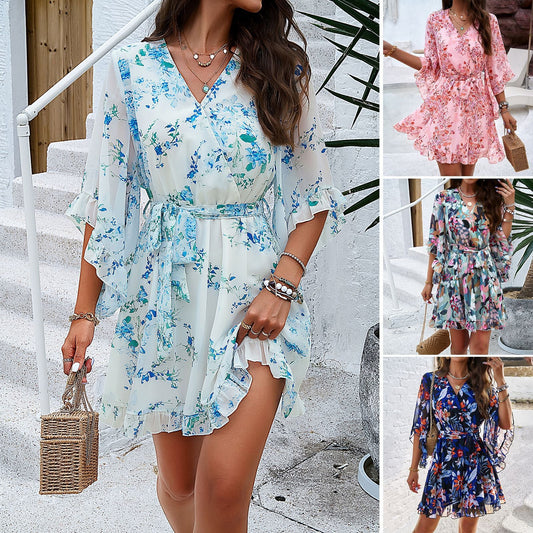 Floral Print Chiffon Dress With Tie Waist