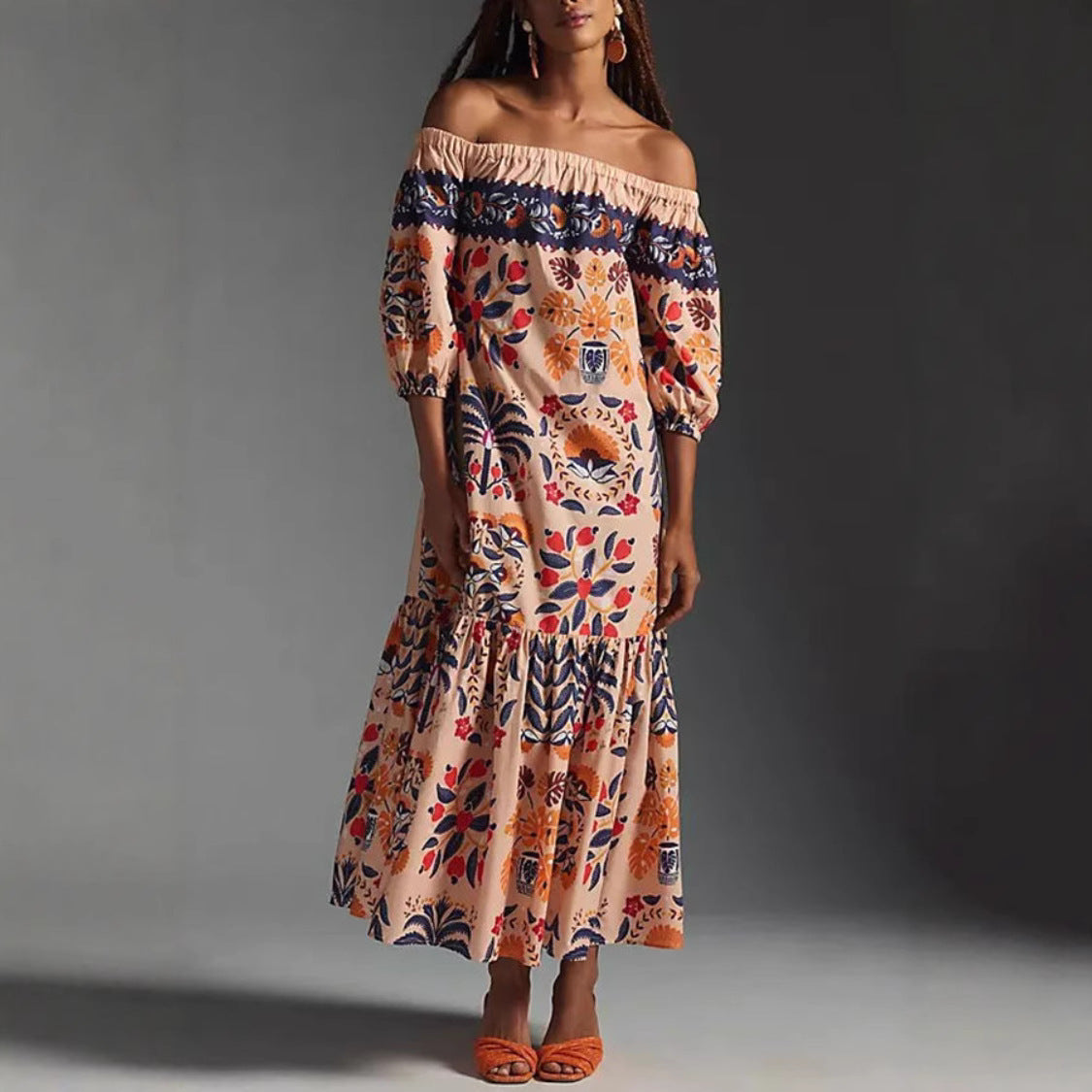Retro Floral Off-Shoulder Pocket Maxi Dress for Women
