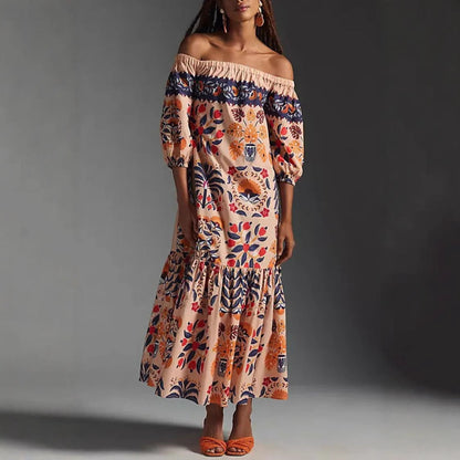 Retro Floral Off-Shoulder Pocket Maxi Dress for Women